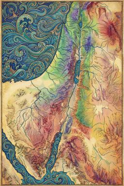  A detailed, decorative map where every mountain and river is outlined and lightly painted in soft jewel tones — flattened perspective, highly patterned seas, intricate and vibrant but map-faithful.