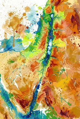  A cartoony expressive map where deserts, hills, and rivers are made from playful paint splatters and smudges — vibrant fields, soft landforms emerging naturally from colorful messiness.