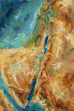  A loose, impressionistic landscape where terrain forms are recognizable but rendered with lush, thick strokes of color — brushwork that evokes the land’s life and motion rather than drawing every feature precisely.