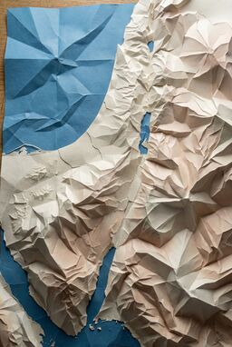  A map where every mountain ridge is a sharp origami crease, valleys unfold like open pages — the whole terrain built from crisp, angular paper folds, creating a dynamic, sculpted landscape.