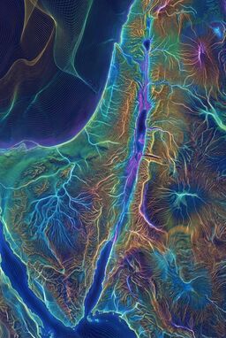  A dynamic, algorithmically-inspired map where landforms are outlined with fluid, wave-like mesh structures — rivers and ridges flowing along delicate, mathematical paths in luminous color fields.