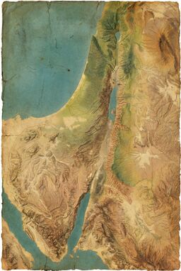  A terrain map with a soft parchment background, realistic shading for hills and valleys, and faint brown contour lines. Feels ancient and worn but finely detailed and usable. Use naturalistic colors to indicate land cover.