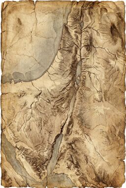  A terrain map set on deeply textured, aged parchment — coastlines softly cracking, mountain ranges drawn with faded, rough ink strokes, rivers winding like ancient veins across the weathered surface.