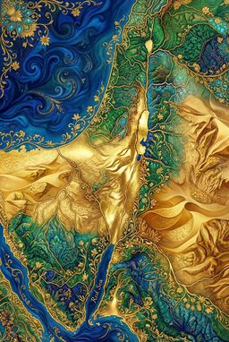  A lush, intricate map where terrain forms are edged and adorned with floral, flowing designs — golden rivers, hills in patterned emeralds and sapphires, a landscape of shimmering elegance.
