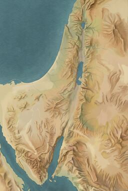  A formal terrain map using slightly stylized pictorial shading — mountains with soft painted textures, valleys and plains clearly distinct, sea areas subtly textured with wave patterns.