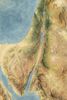  A formal terrain map using slightly stylized pictorial shading — mountains with soft painted textures, valleys and plains clearly distinct, sea areas subtly textured with wave patterns.