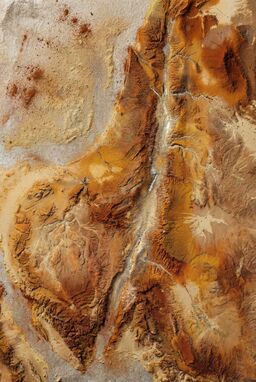  A map created by scattering and brushing loose earth pigments — ochres, rusts, sands — to form flowing land shapes, rivers glinting through the fine powder — evanescent and alive.