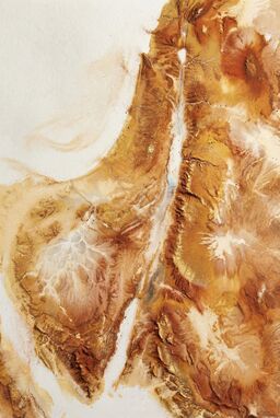  A map created by scattering and brushing loose earth pigments — ochres, rusts, sands — to form flowing land shapes, rivers glinting through the fine powder — evanescent and alive.