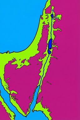  A bold, bright pop-art styled map — thick black outlines, explosive flat color zones — valleys in vivid lime, mountains in rich magenta, rivers in electric blue — hyper-energetic but simple shapes based on real terrain.