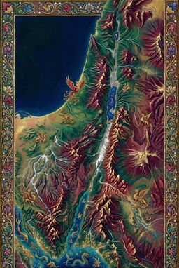  A rich, ornate map where every feature — rivers, valleys, mountains — is rendered with jewel-toned clarity and medieval-inspired beauty, alive with fine detail and mythic overtones. Decorative borders echo floral motifs.