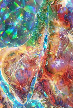  A layered, prismatic design where zones of different ecological life shimmer and fracture into multicolored fields — lush patches, arid stretches, and water-fed regions each refracting color differently.