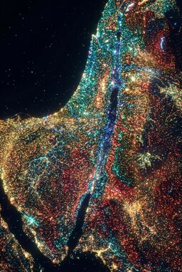  A dazzling map where tiny multi-colored dots (teal, gold, crimson, sapphire) flicker across the land — clustering into recognizable mountains, rivers, and deserts — a landscape built from shimmer rather than blocks.