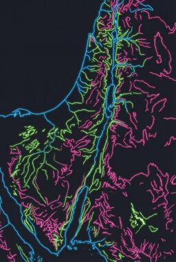  A minimalist map where contour lines glow faintly in neon tones — electric blue for rivers, hot pink for hills, lime green for valleys — set against a dark or muted background. Clean but electric.