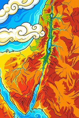  A bright, bold, high-energy map — chunky cartoon mountains, glittering rivers, swirling clouds over the coast — thick outlines, vivid primary colors, dynamic flow, like a classic 90s cartoon backdrop.