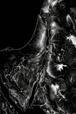  A dramatic high-contrast map made on black scratchboard — white lines scratched out to reveal coastlines, rivers, and mountain silhouettes glowing against dark emptiness.