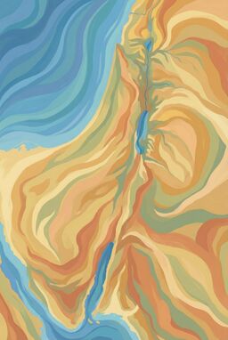  A map where land is divided into broad flowing curved bands — almost like stylized elevation bands — designed to mirror the pull of rivers, slopes, and coastlines without literal shading.