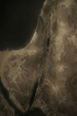  A ghostly map where terrain is revealed only through shadows and faint impressions — mountains suggested by dim overcasts, river valleys darkened like old, fading footprints.