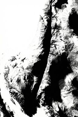  A minimalist landform silhouette of ancient Israel using sharp shadow contrast. Stark light source creates a dramatic, black-and-white shadow map showing only hills and valleys as forms. Bold and abstract.