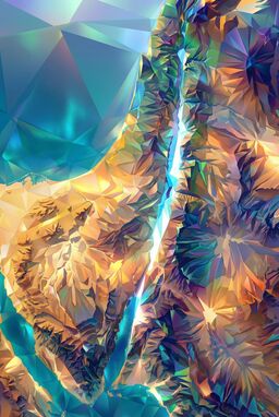  A map where the land is cracked into abstract prism shards — each terrain type catching and bending color slightly differently — plains gleaming warm, hills refracting cool, rivers slicing sharp.