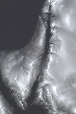  A grayscale map where ridges and valleys are traced in soft silvery gradients — bright where high, dusky where low — terrain as a shimmer, not a structure.