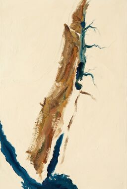  A daringly minimal map where a single wide, textured brushstroke suggests a mountain spine, another thinner curve suggests a river valley — radical economy of means, high emotional power.