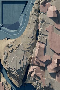  A map merging brutalist starkness (heavy blocks, rigid structure) with a soft color palette — think muted pinks, dusty blues, sandy grays — and hard-edged terrain forms.