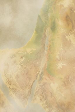  A conceptual, soft-focus terrain map where mountains and valleys gently emerge from layers of mist. Faded earth tones, blurred contours, highly atmospheric but still map-accurate.