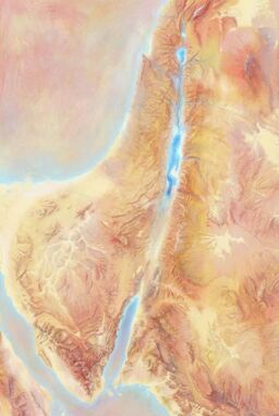  A dreamy, colorful map where the terrain melts together in soft pastel fields — rivers glowing slightly brighter blue, hills brushed in warm ochres and reds — textured but luminous.