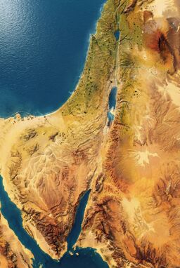  A realistic but artistic map that highlights the transition zones — from scorched desert sands, to rocky highlands, to grassy scrubland, to the blue shimmer of the Mediterranean.