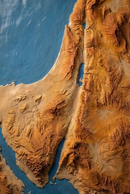  A map where the land looks like it was shaped from wet clay and left to dry — rough textures in the mountains, smooth surfaces in the valleys. Earthy, hand-crafted realism.