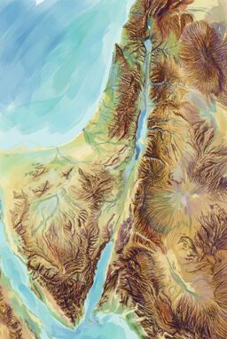  A dynamic map where dense cross-hatched brushstrokes — almost like woven fibers — build up mountains and hills, with softer open fields for valleys and river basins.