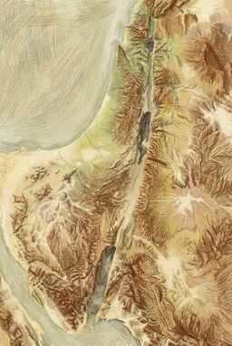  A dynamic map where dense cross-hatched brushstrokes — almost like woven fibers — build up mountains and hills, with softer open fields for valleys and river basins.