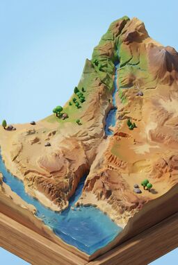  A mini-isometric world where mountains, rivers, and other features are shown in playful 3D — like a diorama for toy explorers — terrain exaggerated but laid out accurately.