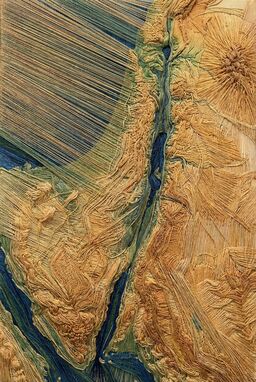  A map where contour lines are drawn like taut, stretched threads — flowing organically, layering on top of each other — giving the whole terrain a woven, tensile, alive feeling.