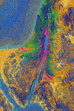  A map where rivers, deserts, hills, and other landforms are rendered using bold, vibrating fields of complementary colored dots — ochre and blue deserts, green and magenta valleys — creating shimmering, energized landscapes.