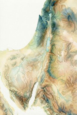  A terrain map where landforms are created through layers of transparent watercolor washes — mountains rising through saturated folds, rivers carved by pale bleeding flows — airy but detailed.