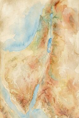  A soft, abstract watercolor rendering of ancient Israel’s landforms. Gentle blends of earth tones and blues, subtle texture, no hard edges. Looks like a map bled into parchment with a brush.