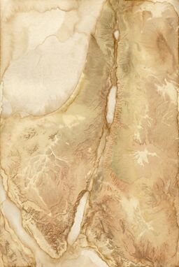  A map that looks gently aged by water — soft stain edges at valleys and river mouths — giving the land a sense of long memory without losing clarity or readability.