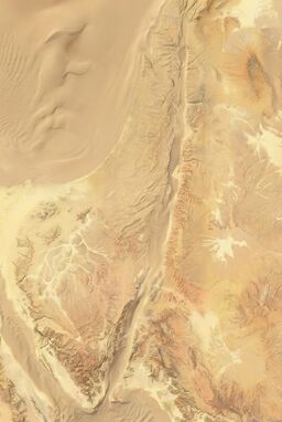  A physical map where terrain is revealed as if covered by drifting sands — dunes accumulate differently depending on elevation, making hills and valleys visible through the natural patterns.