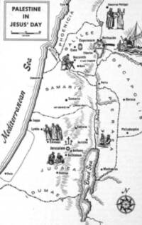 Monochrome flat Bible atlas map with black ink linework on an unprinted white ground. Region names are letter-spaced capitals, while water names use cursive italic lettering; political or cultural areas are divided by dash-dot boundary lines rather than color fills.