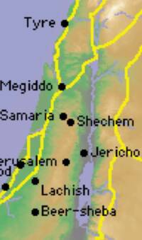 Cropped, pixelated digital Bible atlas style with hypsometric elevation tints, lavender-blue water, black city labels, and bright yellow route lines. No mountain labels or water-body labels are visible in this crop.