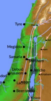Visible style is a modern digital Bible atlas basemap with hypsometric elevation tinting, blue hydrography, black sans-serif place labels, and overprinted pale route/arrow lines. No visible mountain-label typography appears in this crop.