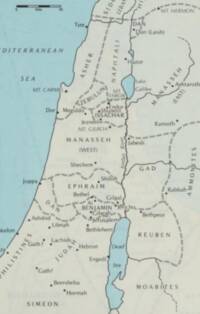 Flat two-color Bible atlas map with pale blue water, beige land, dark gray text and outlines, and broad gray dashed regional borders.