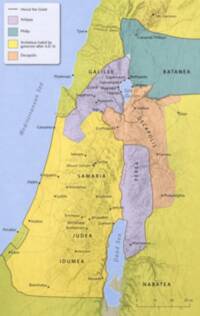 Full-color shaded relief Bible atlas map with translucent political-region fills over a hypsometric elevation basemap.