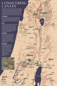 The map combines a tan satellite terrain base with digital shaded relief, dark blue-purple water, black condensed place labeling, and thick colored campaign-route arrows.