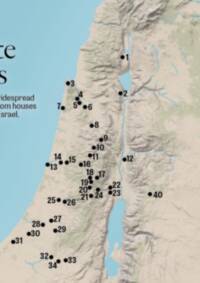 The map uses a landcover shaded-relief basemap with pale blue water, thin blue drainage lines, and black numbered point markers across Israel and adjacent regions.