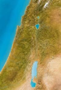 Satellite-style shaded terrain map with turquoise water bodies and thin pale river lines; visible relief and land-surface coloration dominate the presentation.