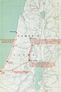 Flat-color atlas styling with pale green water, off-white land, gray-brown relief hachures, dark dotted district boundaries, and red-brown apostolic route arrows and explanatory annotations.