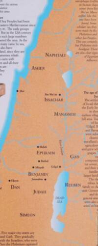 Flat tan land background with bright cyan seas and river network; large dark serif capitals identify tribal regions, while cities use small serif labels with dark filled dots.
