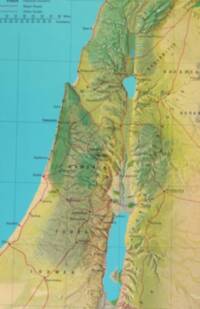 Natural-color Bible atlas map with turquoise water, green/tan landcover, manual shaded relief, thin graticule, red-brown routes, and mostly sans-serif dark labeling. Visible water bodies are unlabeled in this crop; no Mediterranean/Great Sea, Sea of Galilee, or Dead/Salt Sea text is visible.